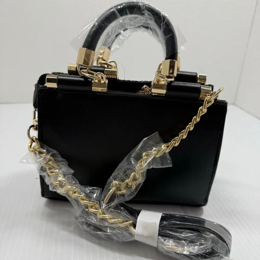 Bebe Black Mini Satchel Bag Gold Chain Crossbody Textured Top Handle NWT